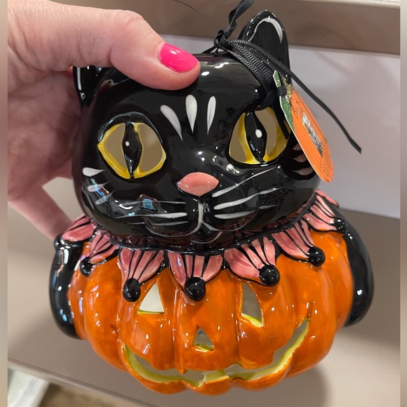 Halloween Black Cat Jack o’lantern Ceramic Tea Light Holder Blue Sky Ceramic NWT - Picture 2 of 7